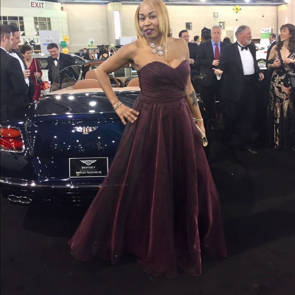 Theia Burgundy evening gown